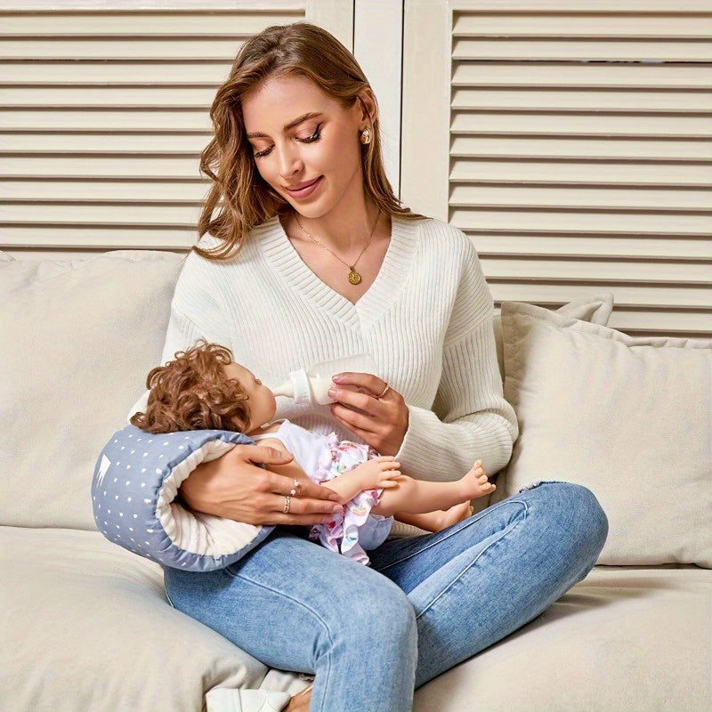 1pc Ergonomic Baby Feeding Pillow - Soft Polyester Nursing Armrest Cushion with Adjustable Strap, Travel-Friendly Breastfeeding Support for Comfortable Bottle-Feeding & Breastfeeding, Pink/Blue/Yellow, Dotted Bear Design