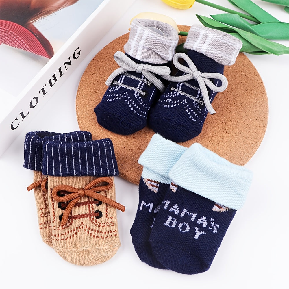 3 Pairs Baby Socks Set – Bow Tie Shoelace Design, Letter & Stripe Patterns, Cute and Comfortable Flip-Over Socks for Children