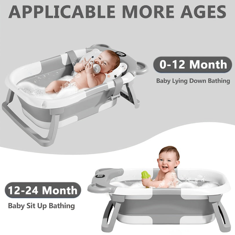 Portable Collapsible Baby & Infant Bath Tub with Cushion and Temperature Sensor – Grey & White