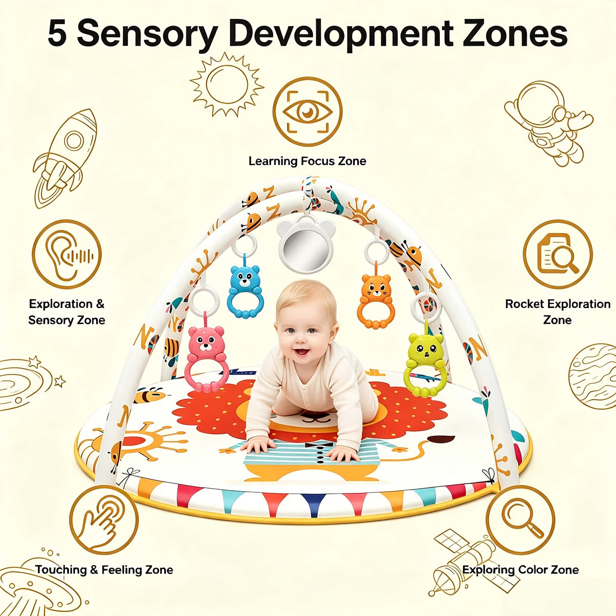 Baby Fitness Stand Crawling Game Mat with Animal Pattern – Play Gym & Activity Mat for 0-12 Months Babies, Includes 5 Detachable Toys, Stimulates Senses, Supports Head Lifting, Non-Slip Base, Foldable & Machine Washable