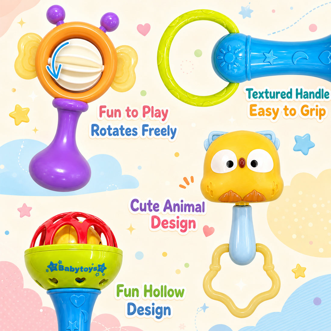 4pcs Baby Hand Crank Bell Grip Toys – Bright Colors, Easy to Hold and Shake, Double Fun Sound, Helps Develop Hearing Skills, Suitable for Infants, Random Color Selection