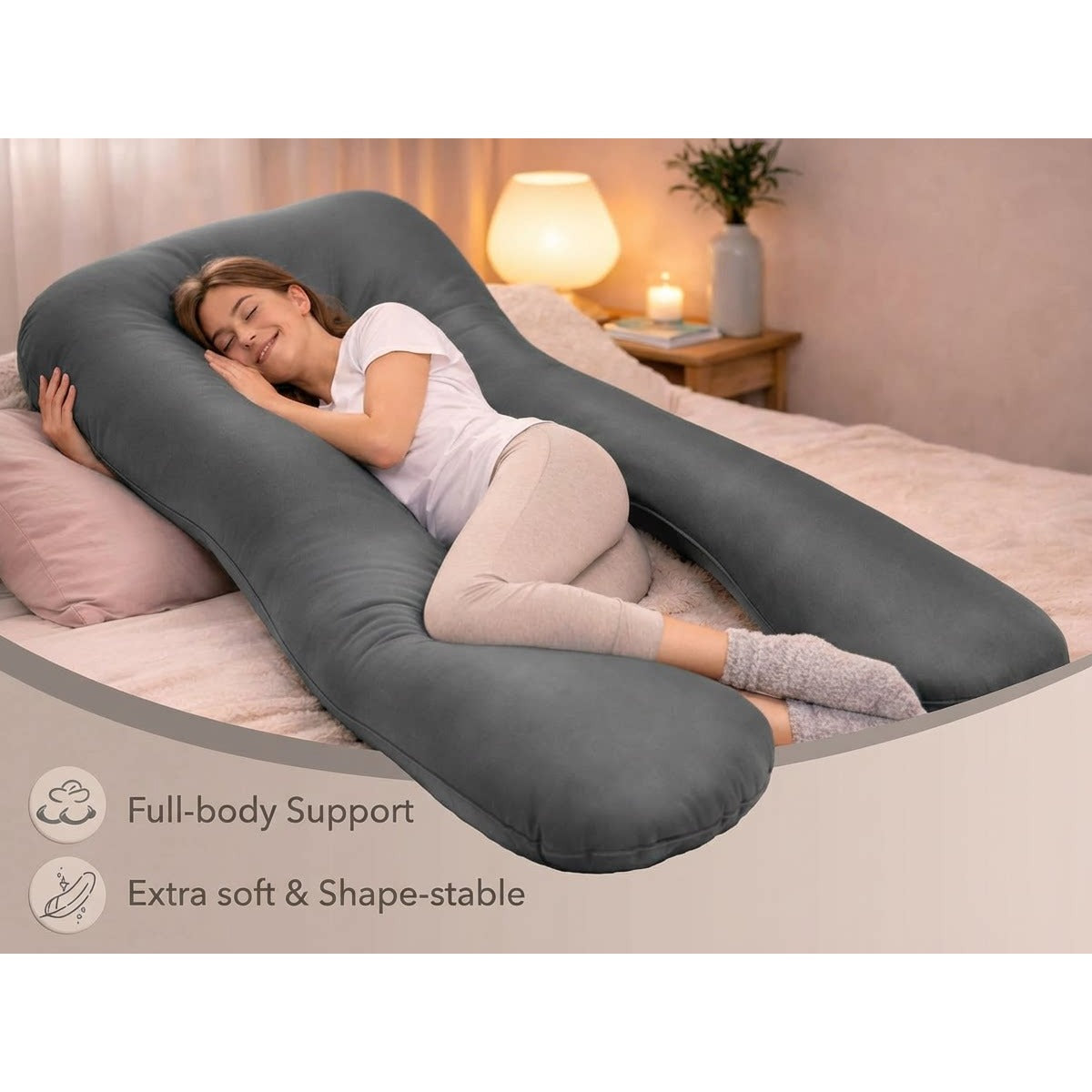 XXL U-Shaped Body Pillow with Cover, Soft Side Sleeping Pillow for Full Body Comfort, Multi-Use Pillow for Sleep, Relax, Reading & Home Use, Washable Cover