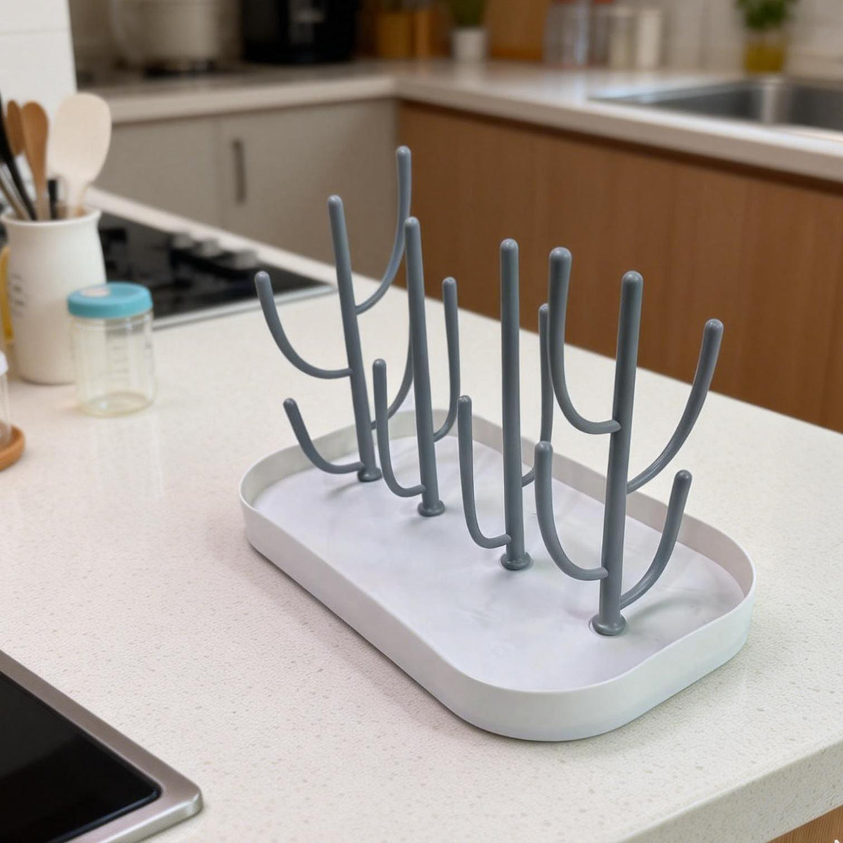 Large Capacity Drying Rack – Upright, Space-Saving Gray Bottle & Cup Organizer with Drainage Function for Kitchen & Bathroom