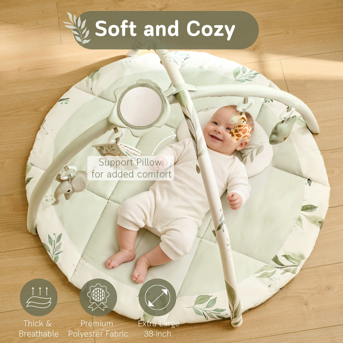 Baby Tummy Time Play Mat with 5 Detachable Toys & Pillow