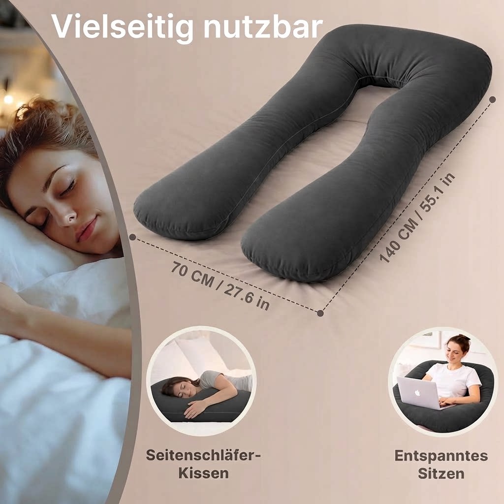 XXL U-Shaped Body Pillow with Cover, Soft Side Sleeping Pillow for Full Body Comfort, Multi-Use Pillow for Sleep, Relax, Reading & Home Use, Washable Cover