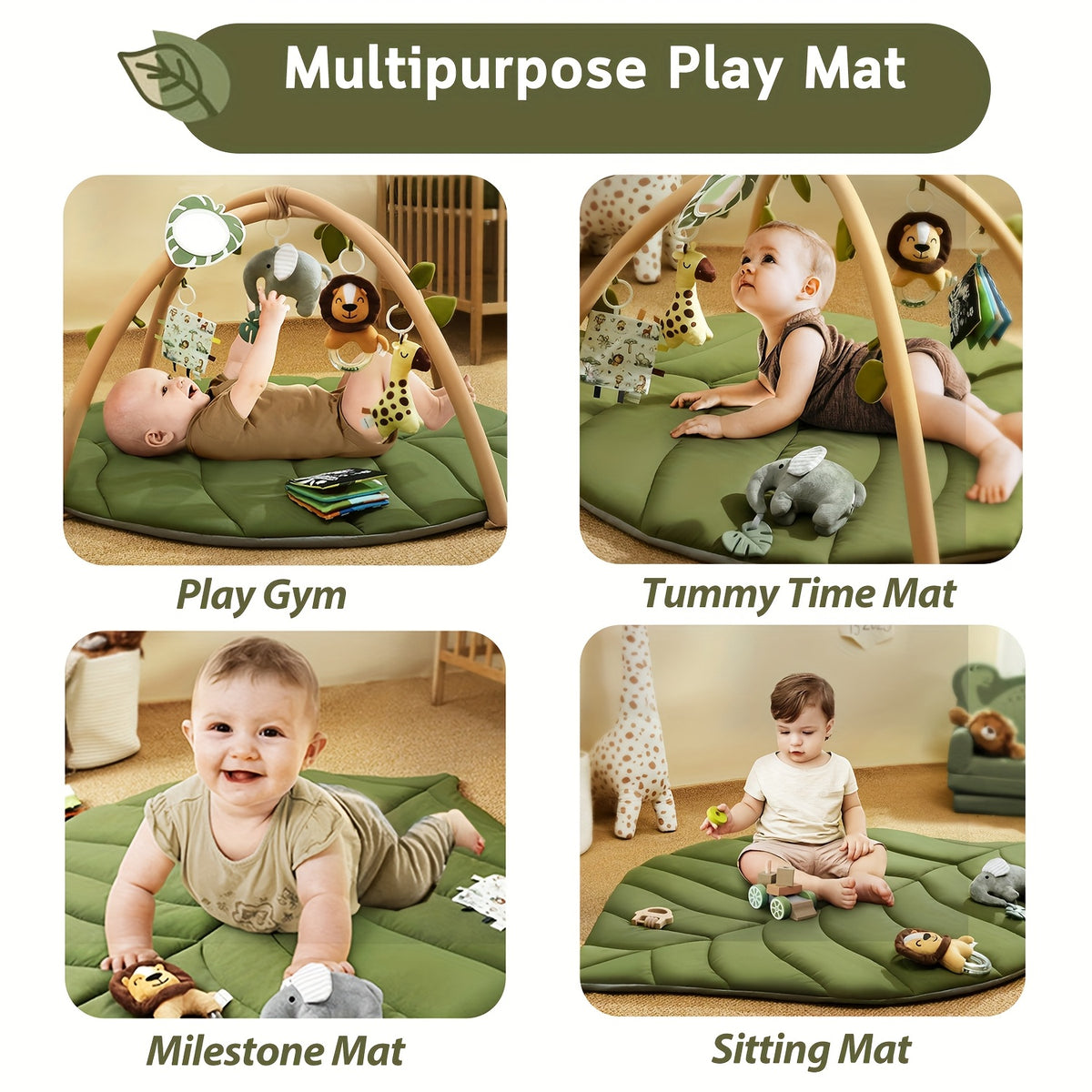 Baby Playmat Gym & Activity Leaf Mat | Tummy Time Mat with Detachable Hanging Toys