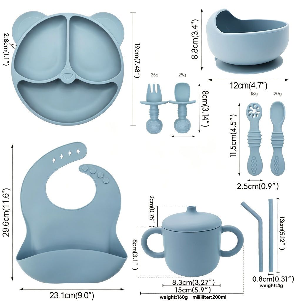 10pcs Baby Led Weaning Feeding Set - Food Grade Silicone Bear Divided Suction Plate, Strong Suction Bowl, Mess-Catching Bib, Dual Handle Straw Cup with Snack Lid, Toddler Training Spoon & Fork Utensils