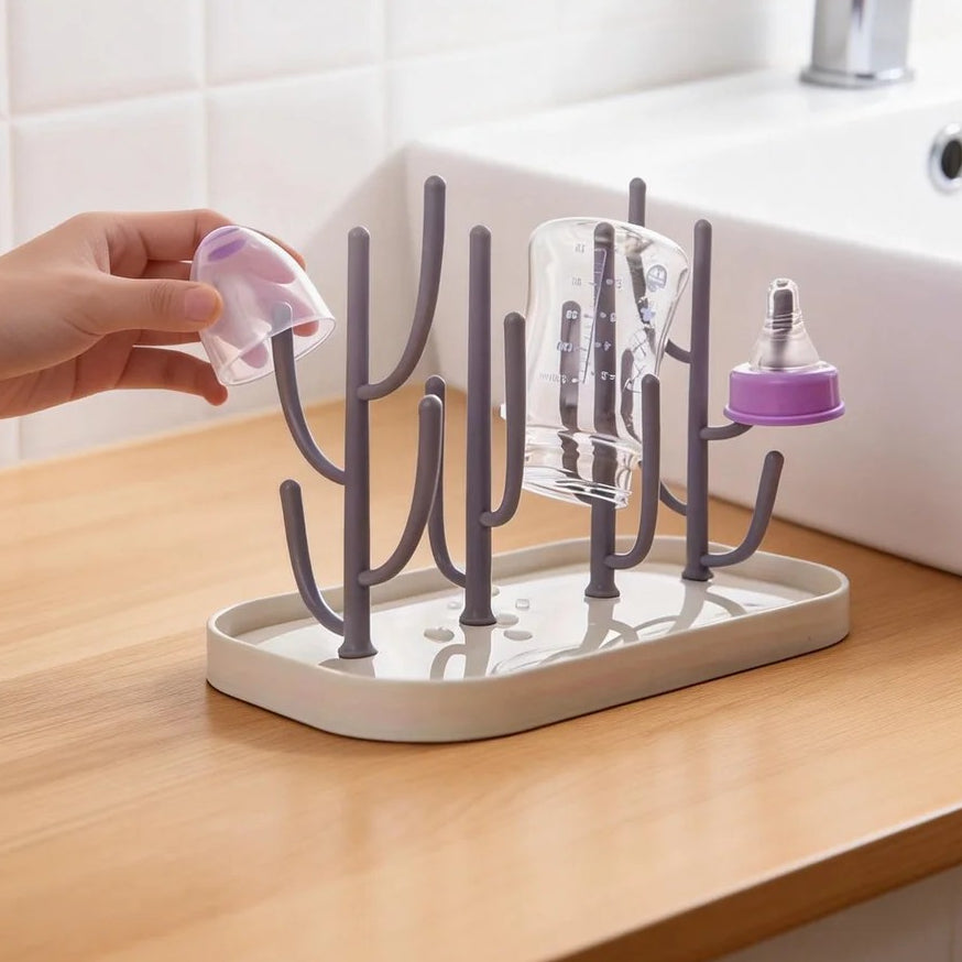Large Capacity Drying Rack – Upright, Space-Saving Gray Bottle & Cup Organizer with Drainage Function for Kitchen & Bathroom