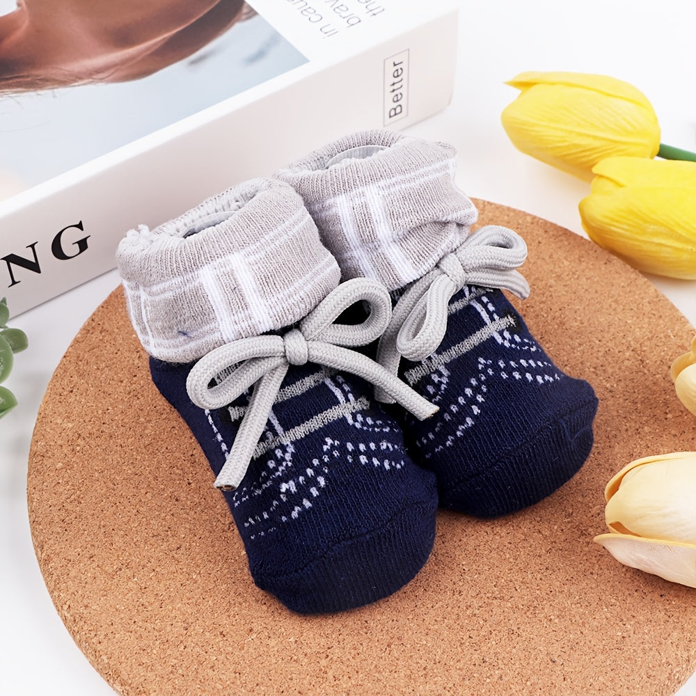 3 Pairs Baby Socks Set – Bow Tie Shoelace Design, Letter & Stripe Patterns, Cute and Comfortable Flip-Over Socks for Children
