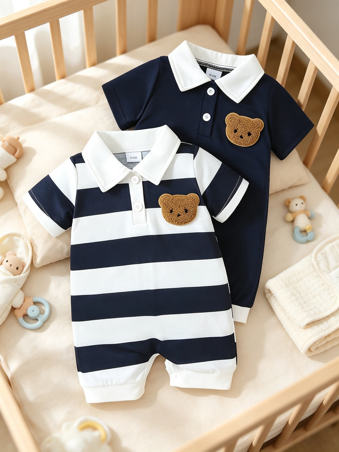 Striped Open-Collar Short-Sleeve Top & Solid Color Open-Collar Romper with Small Bear Embroidery – Comfortable Outfit Perfect for Outdoor Play and Everyday Wear