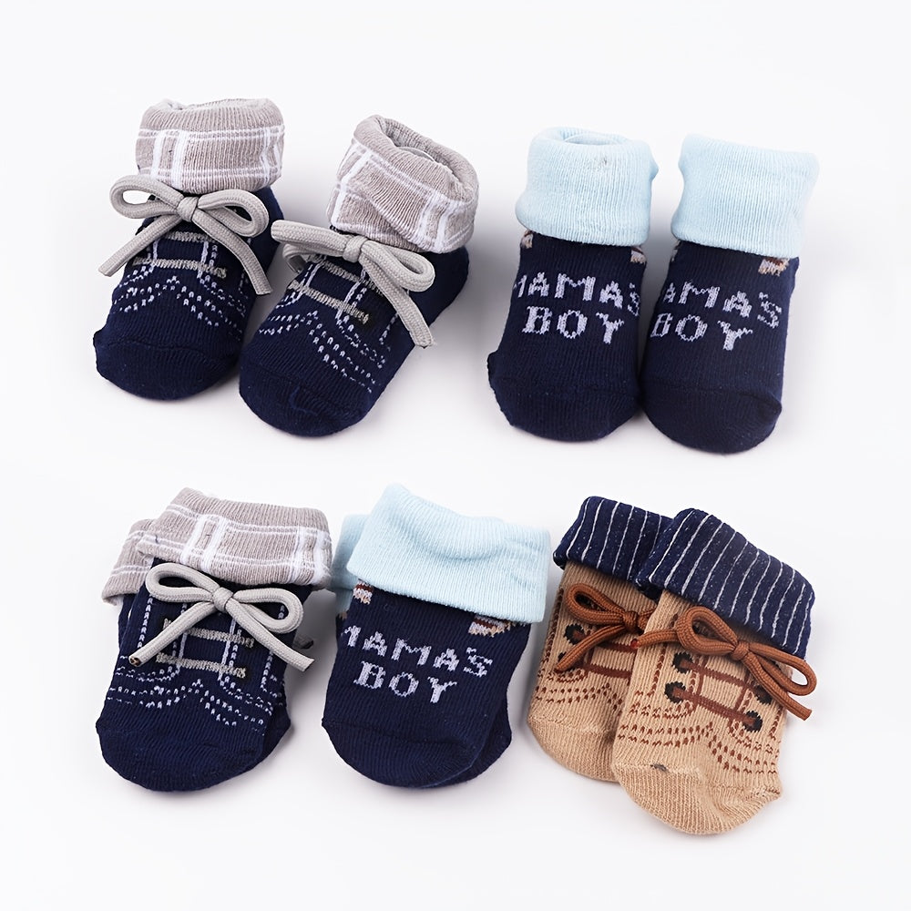 3 Pairs Baby Socks Set – Bow Tie Shoelace Design, Letter & Stripe Patterns, Cute and Comfortable Flip-Over Socks for Children