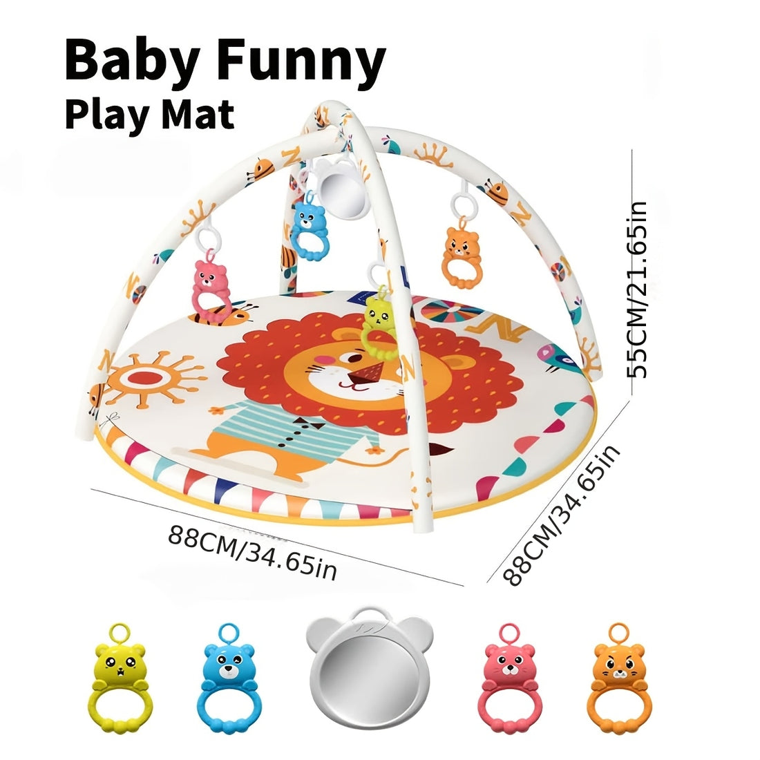 Baby Fitness Stand Crawling Game Mat with Animal Pattern – Play Gym &amp; Activity Mat for 0-12 Months Babies, Includes 5 Detachable Toys, Stimulates Senses, Supports Head Lifting, Non-Slip Base, Foldable &amp; Machine Washable
