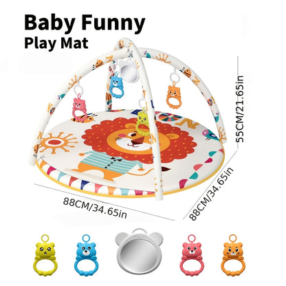 Baby Fitness Stand Crawling Game Mat with Animal Pattern – Play Gym &amp; Activity Mat for 0-12 Months Babies, Includes 5 Detachable Toys, Stimulates Senses, Supports Head Lifting, Non-Slip Base, Foldable &amp; Machine Washable