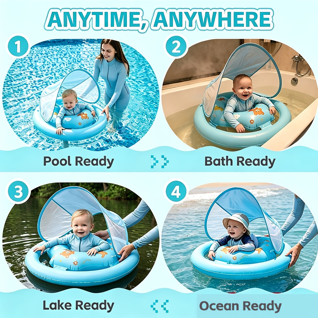 Cartoon Bear Inflatable Swimming Ring, Anti-Tipping Float, Pool Water Toy