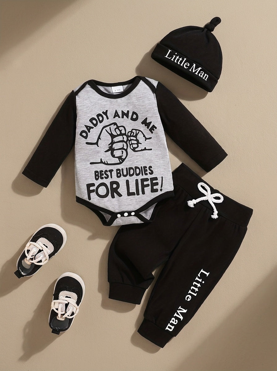 Letter Print Romper with Long Pants &amp; Hat – Casual All-Match Outfit for Spring &amp; Autumn Outdoor Wear, Perfect Newborn &amp; Toddler Essentials