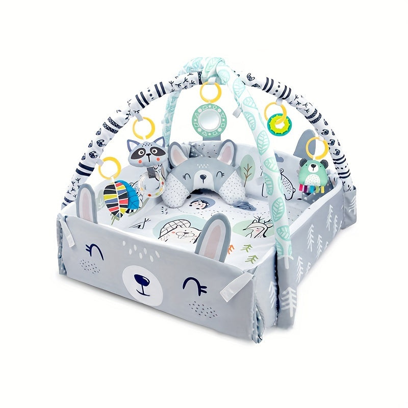 Baby Play Mat with Four-Sided Fence, Gym Arch &amp; Crawling Pillow