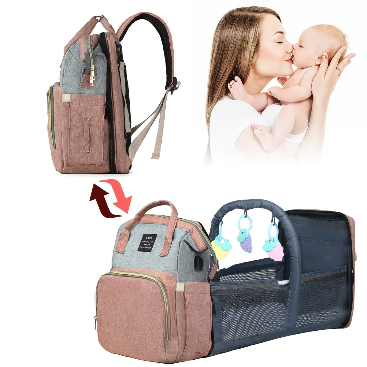 Large-Capacity Diaper Backpack with Portable Changing Station