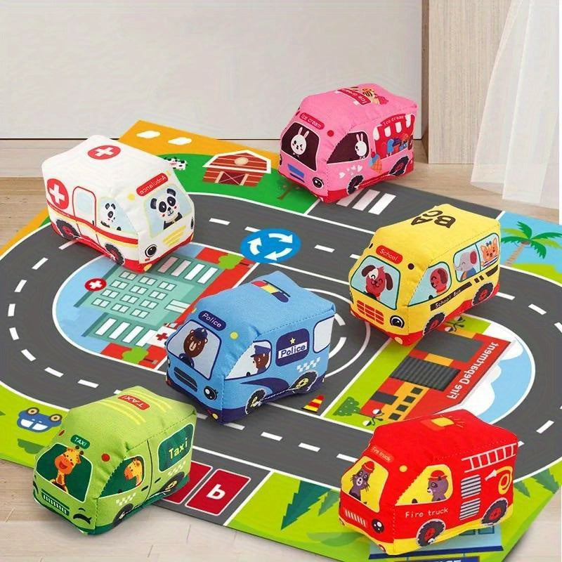 Plush Toy Cars and Animals Set with Play Mat, Carry Bag, Interactive Rattles, and Early Education Toys – Complete Fun and Learning Bundle for Kids