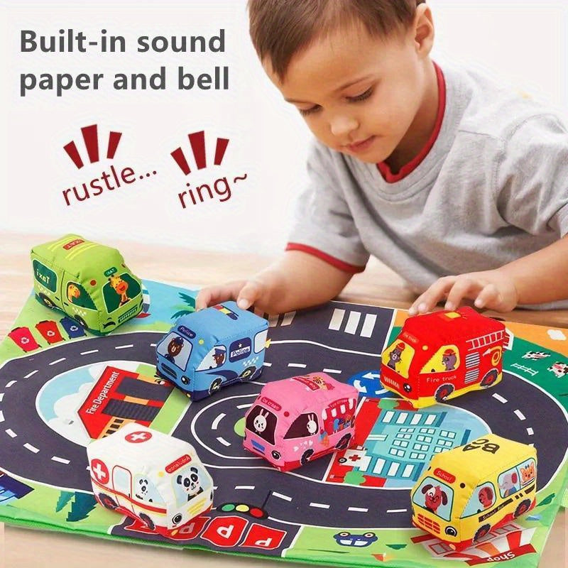 Plush Toy Cars and Animals Set with Play Mat, Carry Bag, Interactive Rattles, and Early Education Toys – Complete Fun and Learning Bundle for Kids