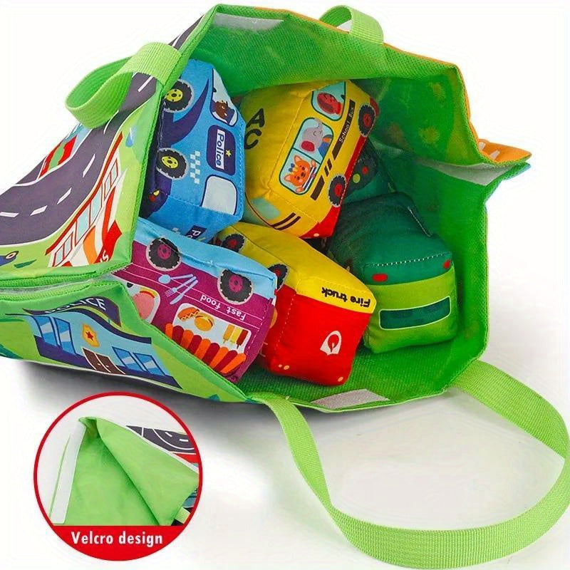 Plush Toy Cars and Animals Set with Play Mat, Carry Bag, Interactive Rattles, and Early Education Toys – Complete Fun and Learning Bundle for Kids