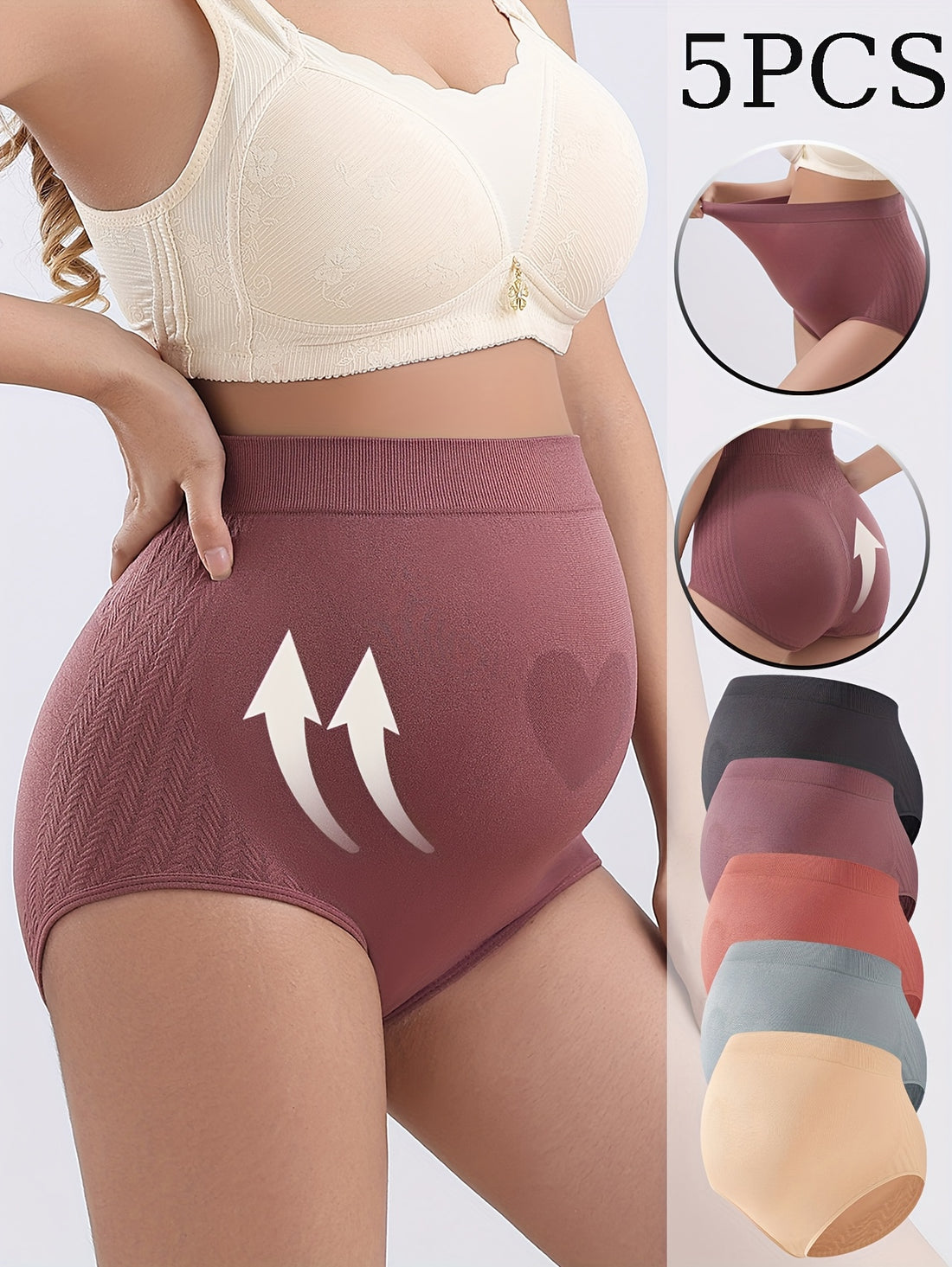 5pcs High-Waisted Maternity Support Panties, Comfortable Breathable Pregnancy Underwear, Multiple Colors, Heart Pattern, High-Elasticity Slim-Fit Briefs, Four-Season Abdominal Support Maternity Panties