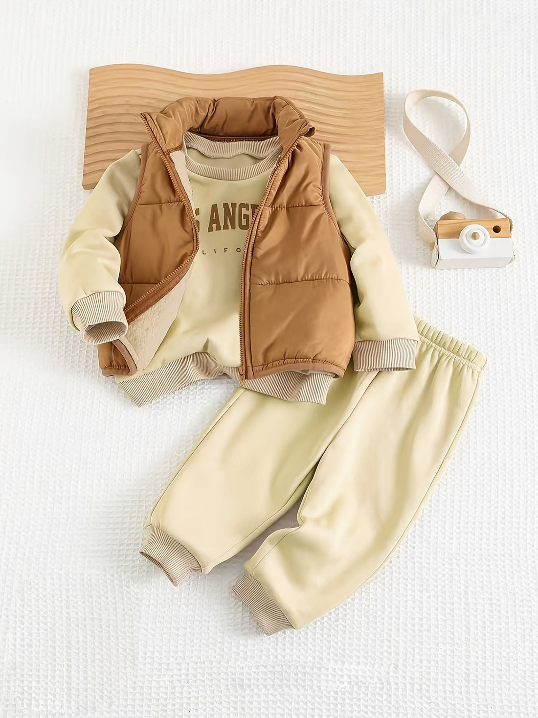 Casual Round Neck Long Sleeve Letter Print Sweatshirt, Elastic Waist Solid Color Pants, and Zipper Vest. Ideal for Spring, Autumn &amp; Winter Outdoor Activities. Newborn Baby Clothing Perfect for Comfortable Outings.