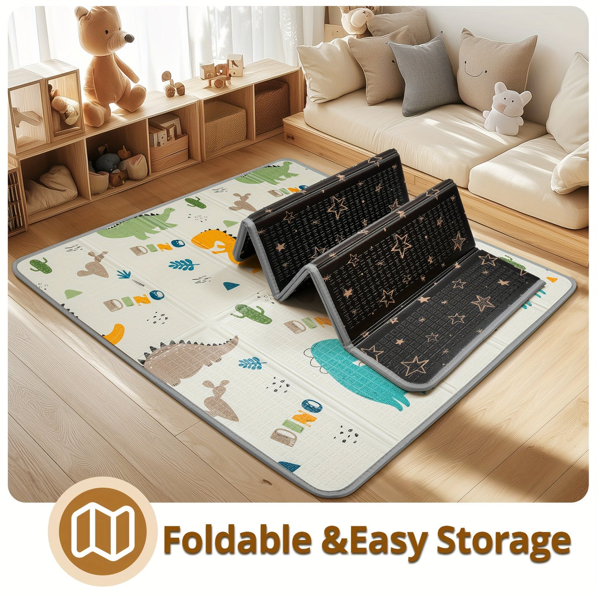 Foldable Play Mat, 127.0x127.0cm x 1.02 cm Thick &amp; Play Mat, Safety Foam Play Mat, Usable 127.0x127.0cm Playpen Mat, Reversible Portable Floor Mat, Christmas Thanksgiving Gift, Double Sided Pattern (Seahorse &amp; Star)