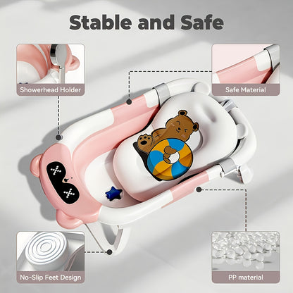 PANLYNNER Collapsible Baby Bathtub Set with Bath Mat &amp; Soft Cushion, Portable Travel Tub