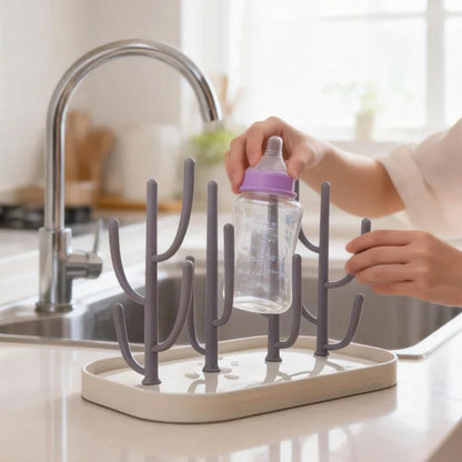 Large Capacity Drying Rack – Upright, Space-Saving Gray Bottle &amp; Cup Organizer with Drainage Function for Kitchen &amp; Bathroom