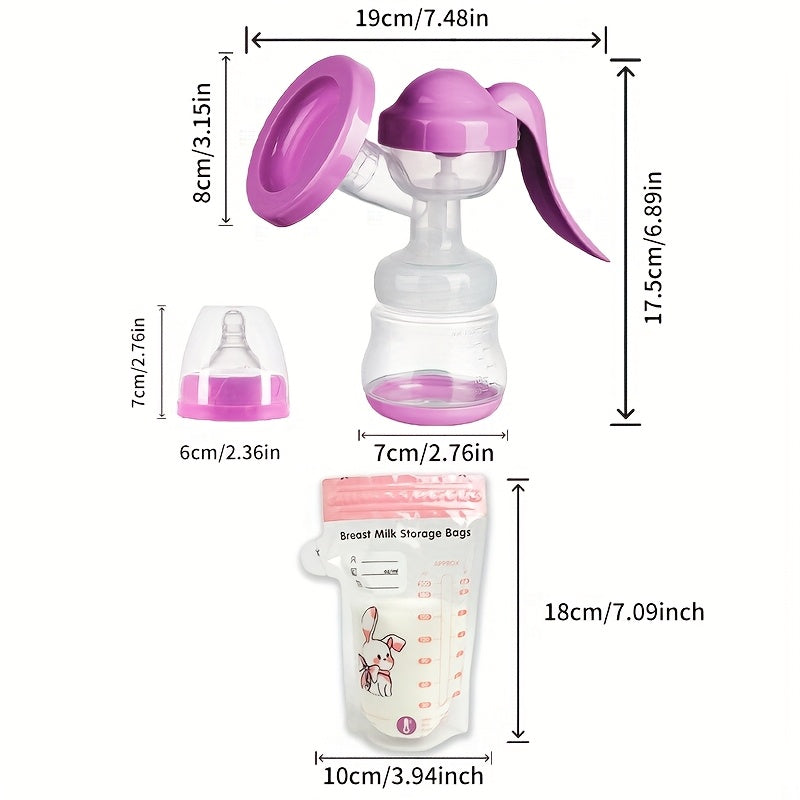 Portable Manual Breast Pump Set | Comes with 30 200ml Breast Milk Storage Bags | Dual Suction + Anti-Backflow Design | Petal Massage Cover | Four Colors Available | 150ml/5oz Large Capacity for Storing Milk | Comfortable And Soft Experience | Detach