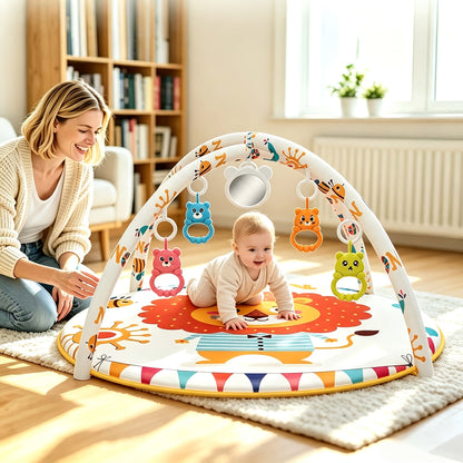 Baby Fitness Stand Crawling Game Mat with Animal Pattern – Play Gym &amp; Activity Mat for 0-12 Months Babies, Includes 5 Detachable Toys, Stimulates Senses, Supports Head Lifting, Non-Slip Base, Foldable &amp; Machine Washable