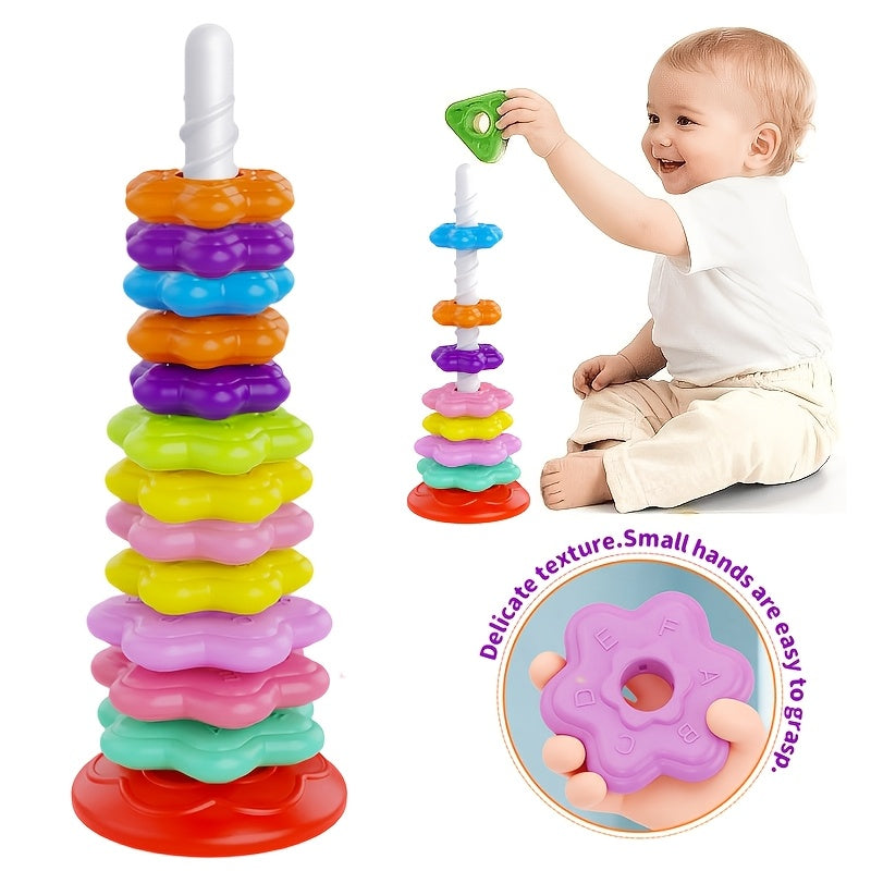 14-Piece Rainbow Rotating Tower Puzzle Toy | Stacking & Colour Matching Game for Toddlers 12 Months+
