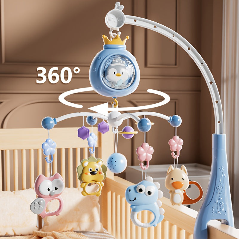 Large Interactive Penguin Baby Crib Mobile Toy with 360° Auto Rotation, Built-in Music &amp; Soft Lighting, Timer Function, Stroller &amp; Crib Hanging Spinning Rattle. Available in Blue, Pink, Gray. Multifunctional Brain Development Toy for Babies.