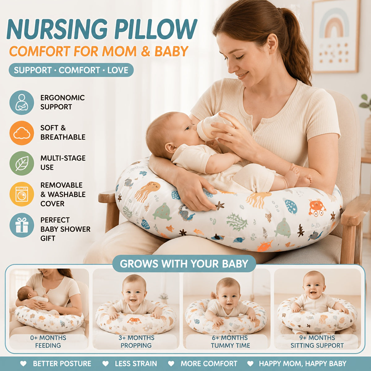 Baby Nursing Pillow with Removable Washable Cover, Soft Breathable Feeding Support Pillow for Breastfeeding, Bottle Feeding, Tummy Time &amp; Sitting