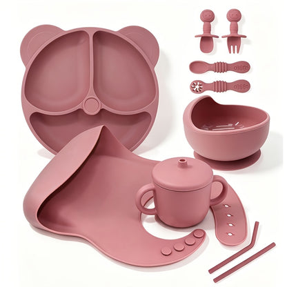 10pcs Baby Led Weaning Feeding Set - Food Grade Silicone Bear Divided Suction Plate, Strong Suction Bowl, Mess-Catching Bib, Dual Handle Straw Cup with Snack Lid, Toddler Training Spoon &amp; Fork Utensils