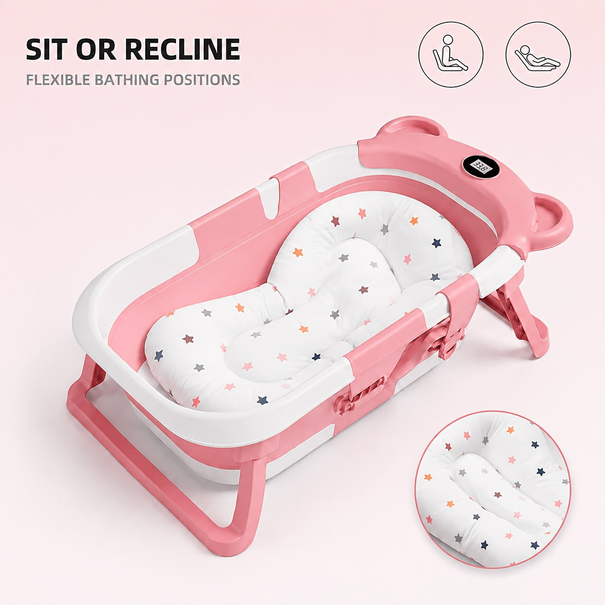 Foldable Baby Bath Tub Set with Digital Temperature Display, Portable Sit And Lie Infant Bathtub, Space-Saving PP And TPE Toddler Bath Basin for Newborns And Babies, "67" X 42 X 21cm, Available In Pink, Blue Or Grey for Home And Travel
