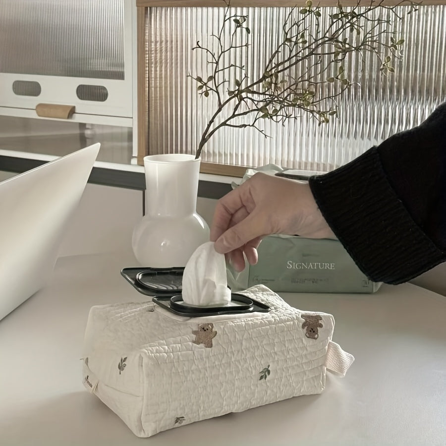 Korean Style Cute Embroidery Car Tissue Box – Large Capacity Pull-Out Paper Tissue Bag for Stroller, Hanging Tissue Holder
