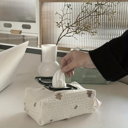 Korean Style Cute Embroidery Car Tissue Box – Large Capacity Pull-Out Paper Tissue Bag for Stroller, Hanging Tissue Holder