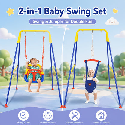3-in-1 Swing Set with Jumper &amp; Bouncer – Foldable Metal Frame Portable Play Equipment for Indoor, Outdoor, Backyard, Home, and Camping Use