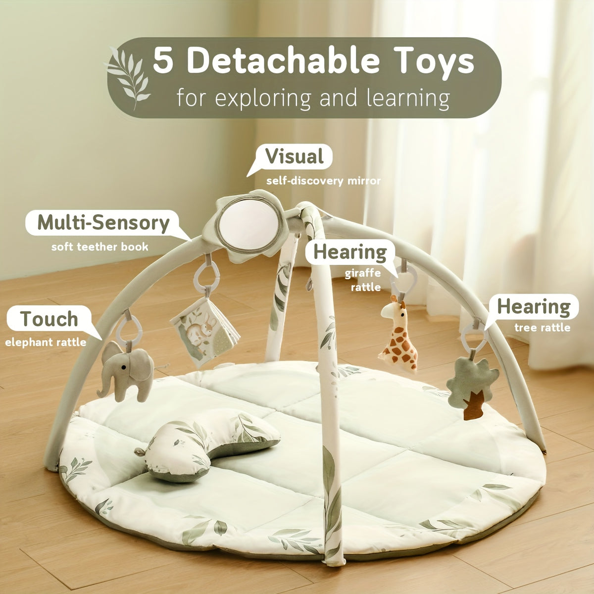 Baby Tummy Time Play Mat with 5 Detachable Toys &amp; Pillow