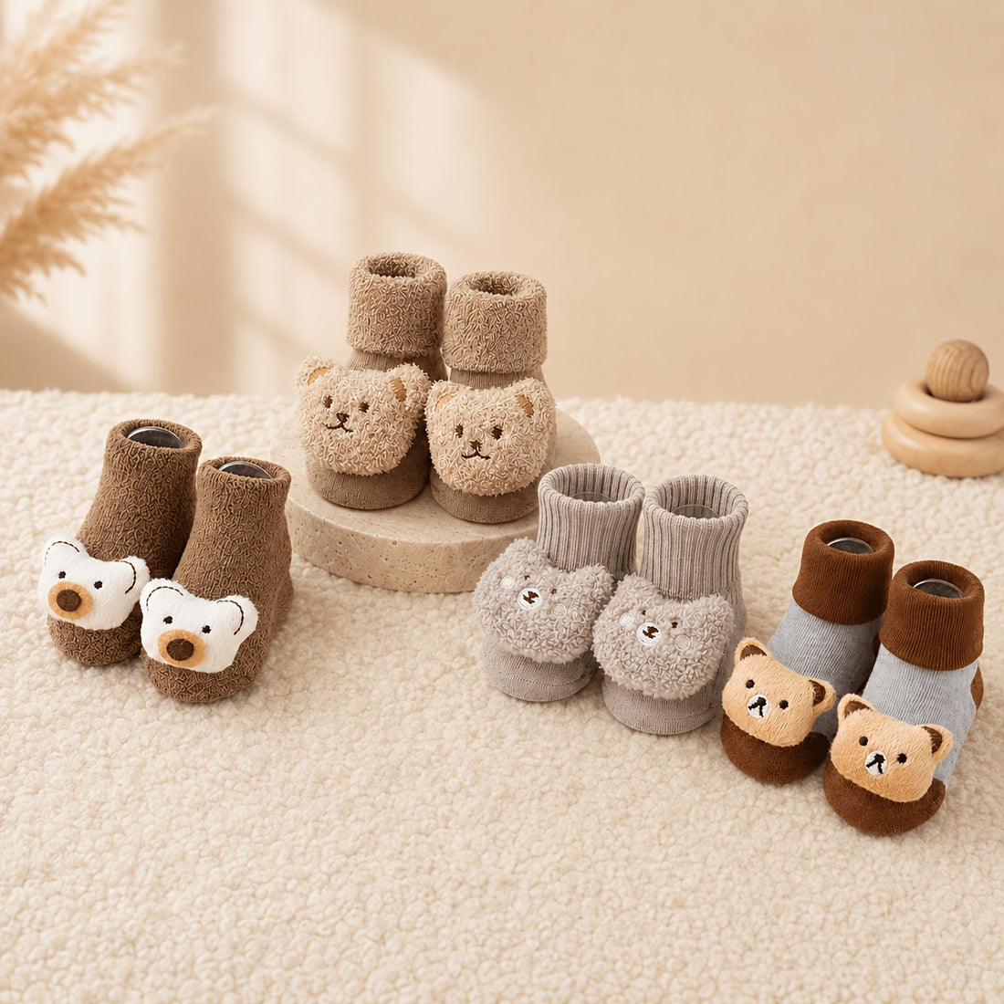 4-Pair Set Baby 3D Brown Bear Mid-Calf Socks – Children&