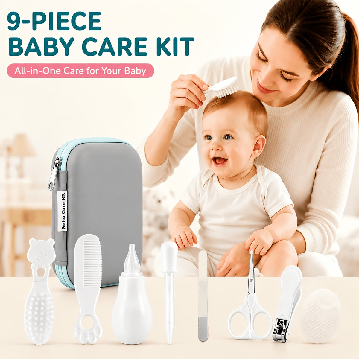 9pcs Newborn Baby Grooming Kit with Portable Case – Complete Infant Care Set for Boys &amp; Girls includes Hair Brush, Nail Clipper, Comb in White &amp; Grey – Essentials for Travel, Bathing, and Skincare Routine