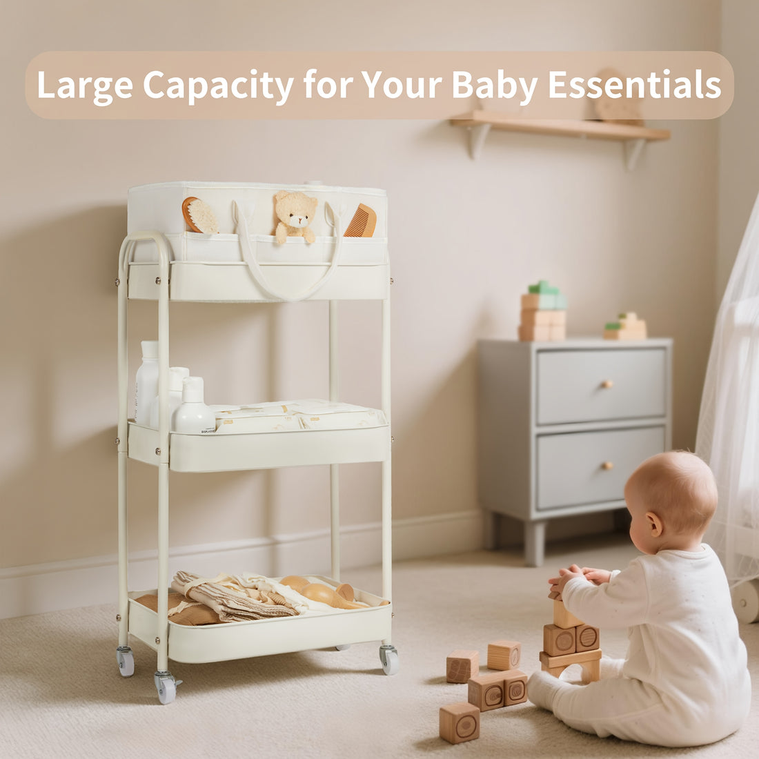 Fortella Diaper Caddy And Storage Cart, 3-Tier Rolling Organizer with Dividers And Drawers, Easy Assembly, Mobile Nursery Cart with Wheels for Changing Table, Crib And Bedroom