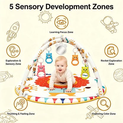 Baby Fitness Stand Crawling Game Mat with Animal Pattern – Play Gym &amp; Activity Mat for 0-12 Months Babies, Includes 5 Detachable Toys, Stimulates Senses, Supports Head Lifting, Non-Slip Base, Foldable &amp; Machine Washable