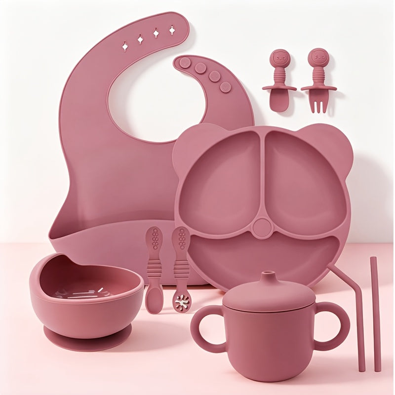 10pcs Baby Led Weaning Feeding Set - Food Grade Silicone Bear Divided Suction Plate, Strong Suction Bowl, Mess-Catching Bib, Dual Handle Straw Cup with Snack Lid, Toddler Training Spoon &amp; Fork Utensils