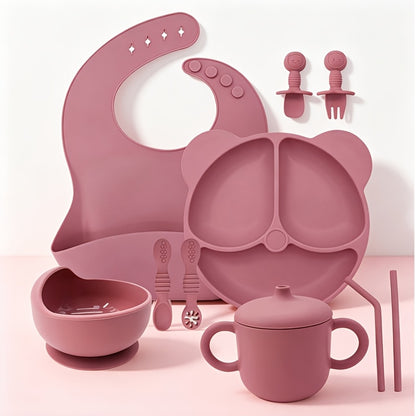 10pcs Baby Led Weaning Feeding Set - Food Grade Silicone Bear Divided Suction Plate, Strong Suction Bowl, Mess-Catching Bib, Dual Handle Straw Cup with Snack Lid, Toddler Training Spoon &amp; Fork Utensils