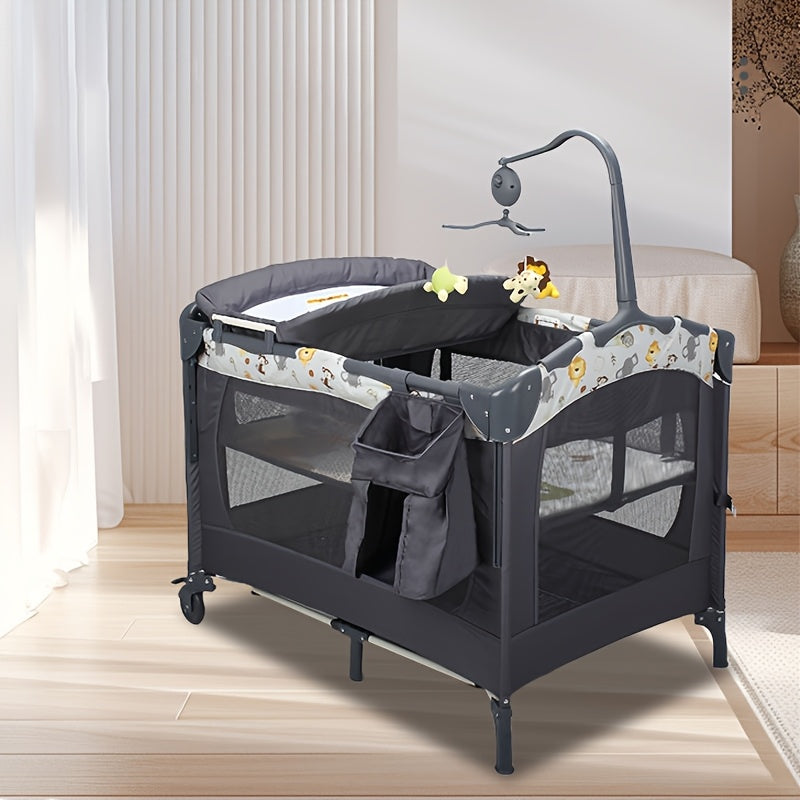 Multifunctional Infant Playpen, Foldable with Diaper Changing Table, Newborn Bed, Comfortable Infant Bed with Mosquito Net And Wheels