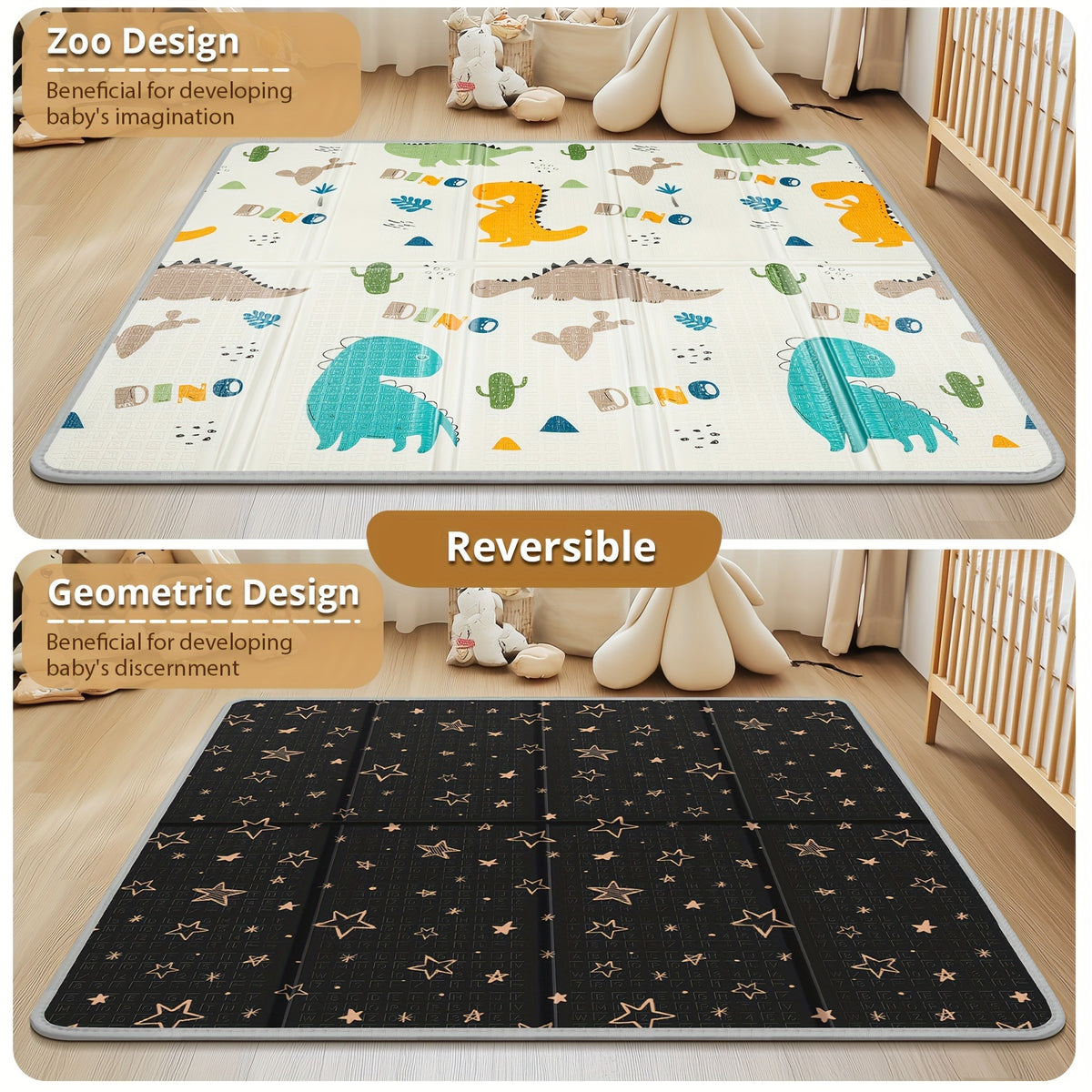 Foldable Play Mat, 127.0x127.0cm x 1.02 cm Thick &amp; Play Mat, Safety Foam Play Mat, Usable 127.0x127.0cm Playpen Mat, Reversible Portable Floor Mat, Christmas Thanksgiving Gift, Double Sided Pattern (Seahorse &amp; Star)