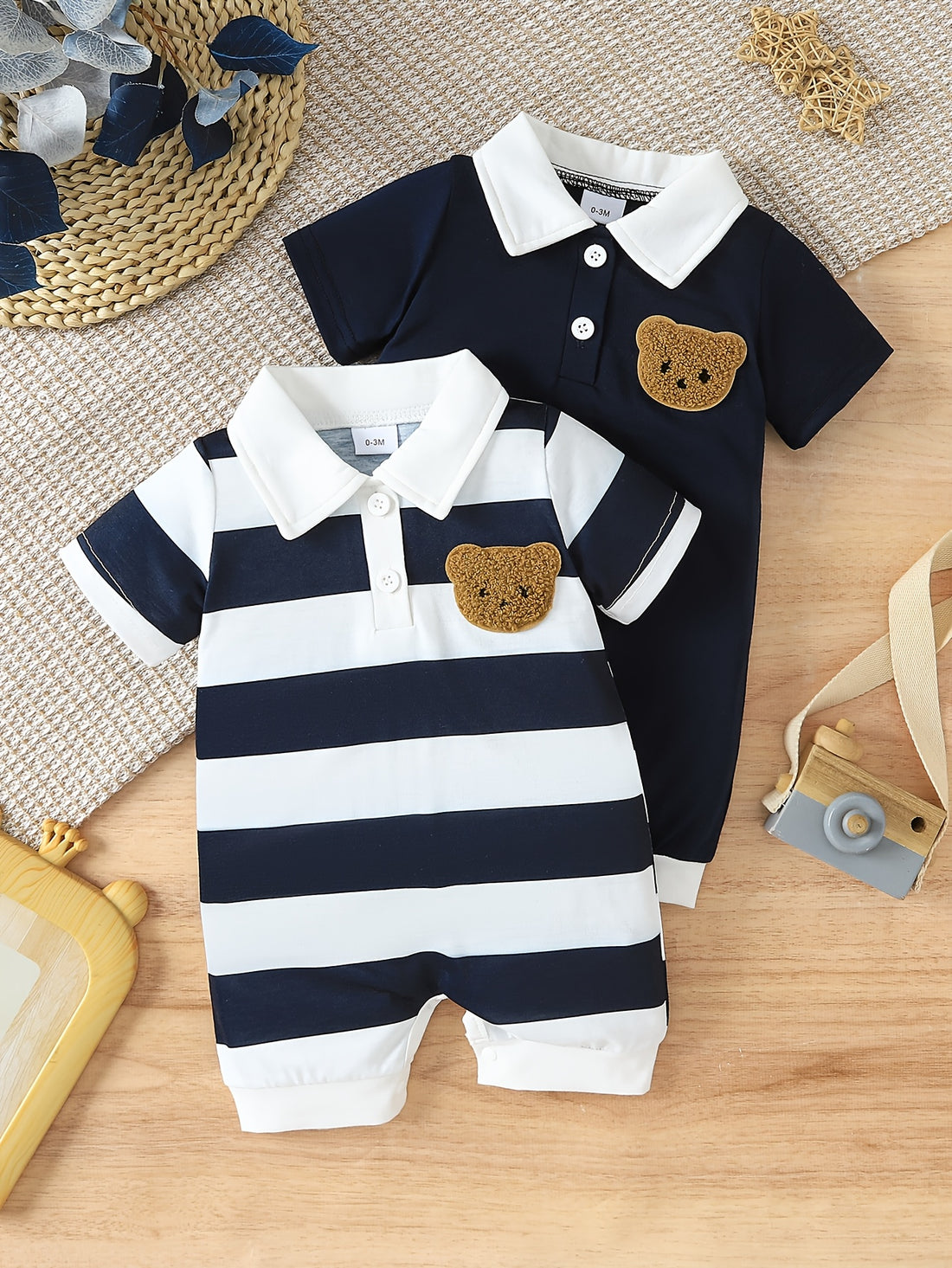 Striped Open-Collar Short-Sleeve Top & Solid Color Open-Collar Romper with Small Bear Embroidery – Comfortable Outfit Perfect for Outdoor Play and Everyday Wear