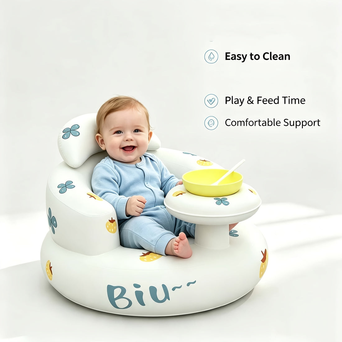 Baby Inflatable Chair with Built-In Air Pump and Tray – Portable, Comfortable Seat for Babies 3-36 Months, Ideal for Feeding, Travel, and Beach Use (Pumpkin Pattern)